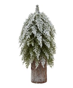 Small Snowy Fir Tree On Tall Wood Log