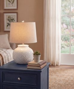 Squat White Beaded Ceramic Lamp With Linen Shade