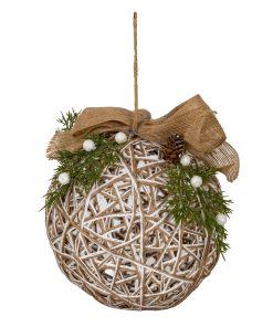 Large LED White Rattan Bauble With  Branches And Ribbon