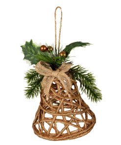 Natural Rattan Bell Decoration With Branches And Ribbon